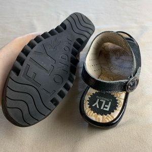 FLY LONDON sling back, open-toe, suede sandal.